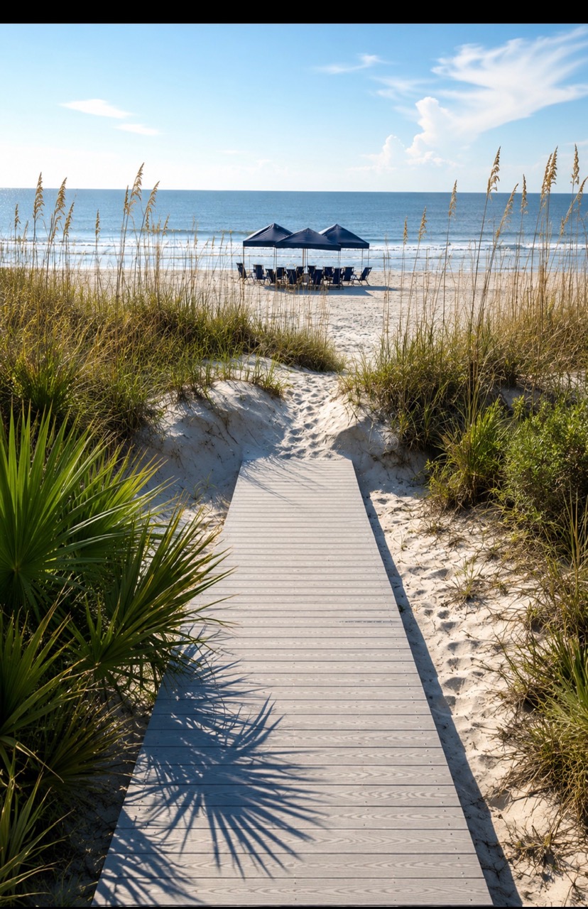 Beach tent setup with seating on Hilton Head Island