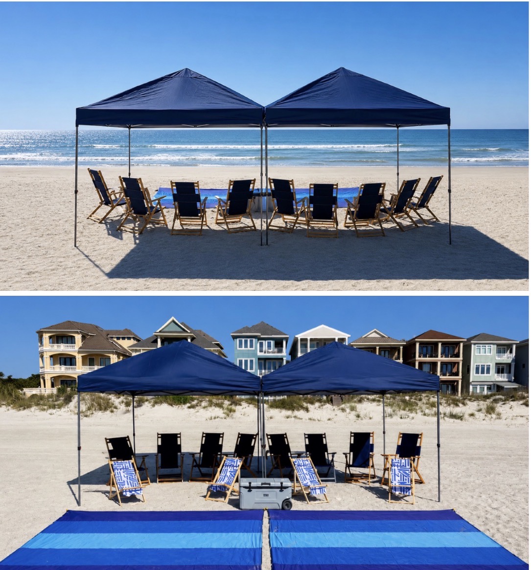 Beach butler setup with tents, chairs, coolers, and mats for 10-15 guests