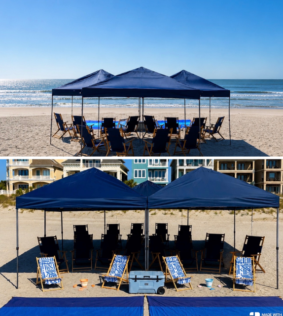 Beach butler setup with tents, chairs, coolers, and mats for 16-20+ guests